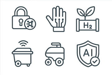 Poster - Innovative technology icons representing security, robotics, sustainability, and artificial intelligence in modern society