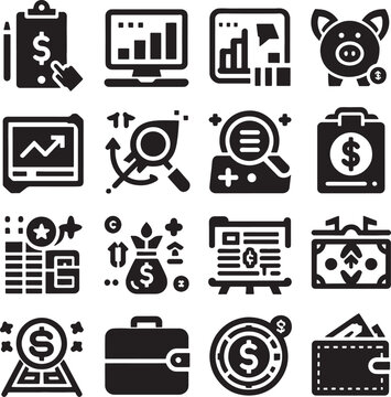 Business web technology icon set vector illustration with computer, money, car, communication, and social media symbols