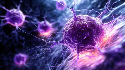 Poster - Intricate Close-Up of Neurons with Glowing Synapses Illuminating a Vibrant Neural Network in a Dynamic Abstract Background