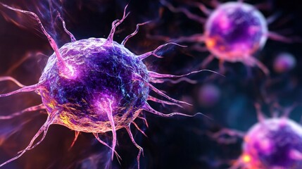 Poster - Close-Up Image of Colorful Microscopic Bacteria or Virus with Intricate Details in a Dark Background for Scientific Exploration and Learning
