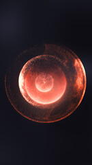 Poster - Abstract red sphere formed by swirling glowing particles and energy trails on a dark background