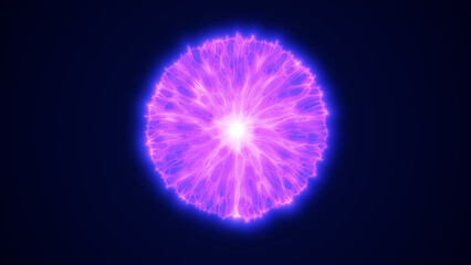 Poster - Electric sphere with glowing purple filaments radiating outward from a bright center on a dark background