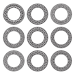 Poster - Collection of nine circular decorative borders featuring classic greek key meander patterns and geometric square designs on a white background