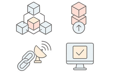 Poster - Visual representation of digital technology concepts including blockchain, data transmission, and computer systems