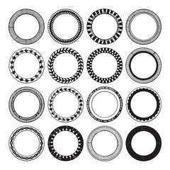 Poster - Collection of sixteen unique black and white circular decorative borders and frames with various geometric and natural patterns