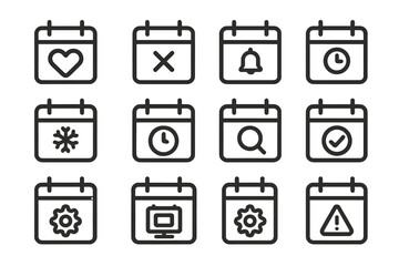 Poster - Calendar icon collection with functional symbols in minimalism style on dark background