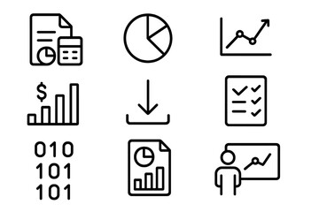 Poster - Business analytics icons set in simple black line style for data presentation