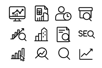 Fototapete - Black outline icons for analytics and seo on dark gray background