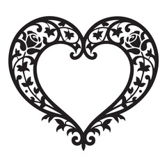 Poster - Elegant black heart shaped frame with intricate floral and vine like scrollwork and star motifs on a white background