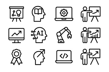 Aufkleber - Business and technology icon set featuring ai and growth concepts on dark background