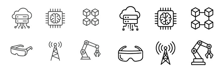 Poster - Modern technology icons illustrating concepts of artificial intelligence, cloud computing, and automation in a minimalistic design