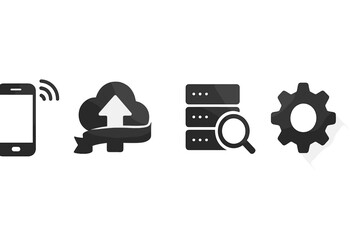 Poster - Various technology icons representing mobile connectivity, cloud storage, data servers, search functionality, and settings adjustments