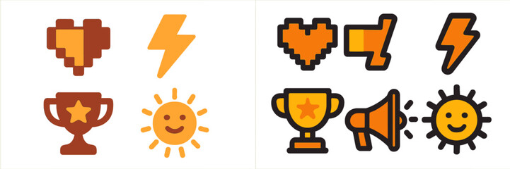 Poster - Colorful icons featuring hearts, trophies, lightning bolts, and sun designs suitable for digital projects and illustrations