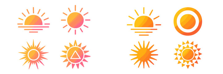 Poster - Various sun illustrations showcasing different styles and designs in warm colors with rays and shapes for creative projects