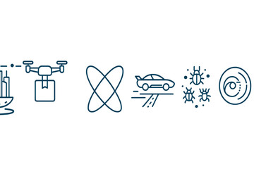 Poster - Innovative technology icons representing delivery services, transportation, and scientific concepts in a modern design