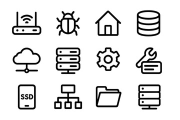 Poster - Minimalist technology icons: network, database, cloud, gear, and more
