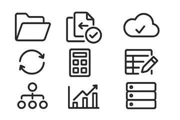 Poster - Minimalist black line icons for cloud data management and analysis