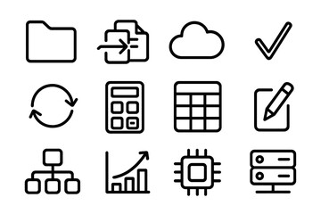 Poster - Minimalist black icon set with cloud, check mark, and calculator symbols