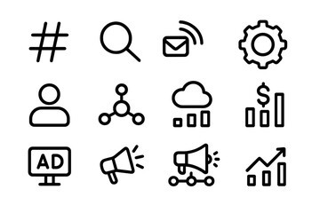 Fototapete - Minimalist business icons: communication, analytics, marketing in black outline design