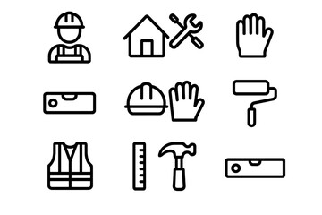 Poster - Construction tools and safety equipment icons in linear style