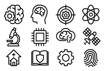 Poster - Science and technology line icons set: brain, atom, satellite, gear