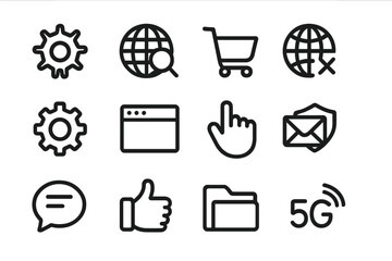 Poster - Black icon set featuring internet, shopping, and social media symbols on dark background