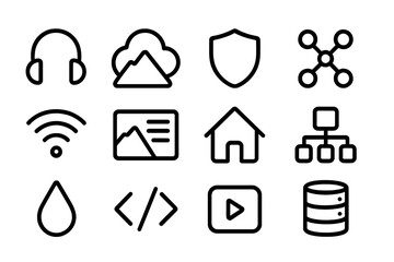 Poster - Minimalist black icons for technology and communication on dark background