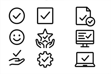 Poster - Minimalist icons: checkmarks, smiley, star, gear, and technology symbols