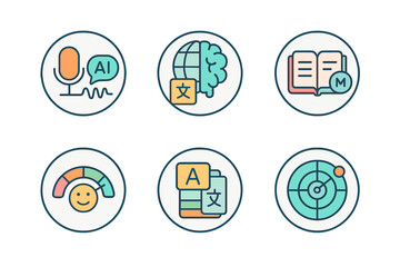 Poster - Illustrations showcasing AI technologies including language processing, translation, and user interaction