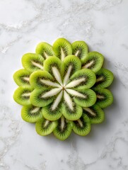 Poster - Sliced Kiwi Arranged as a Flower Mandala on a Marble Background With Ample Blank Space Above