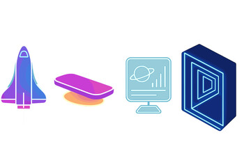 Poster - Symbols representing space exploration, technology, and digital innovation in a modern design format
