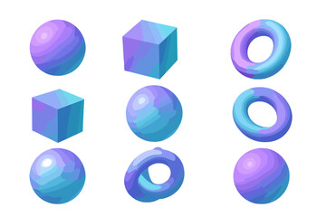 Poster - Geometric shapes in pastel colors arranged in a grid display showcasing spheres, cubes, and toroids in a minimalist style
