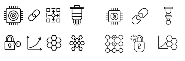 Fototapete - Diverse set of line art icons representing technology and secure data in a modern digital environment