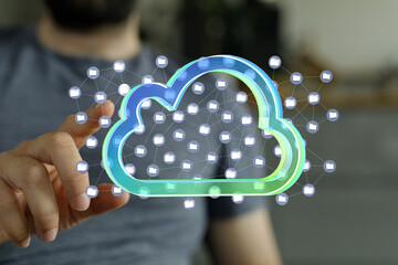 Poster - Man interacts with a digital cloud, showcasing secure file storage and data access.