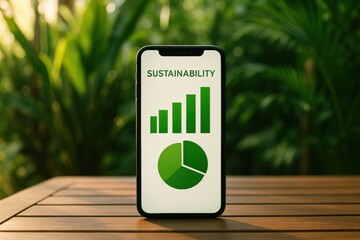 Poster - Sustainability on Display: A smartphone showcases eco-friendly growth charts against a backdrop of lush foliage, highlighting environmental awareness and progress.