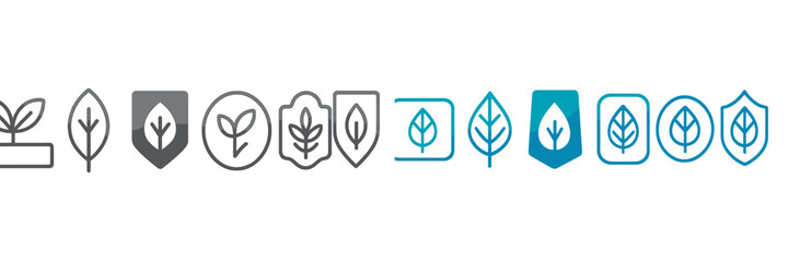 Poster - Various leaf designs and shield symbols created with simple lines in a modern style on a white background