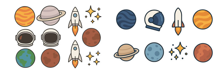 Poster - Collection of colorful space-themed illustrations featuring planets, rockets, and astronauts in a playful design