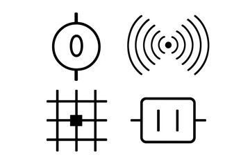 Poster - Geometric symbols representing various concepts in design and technology, featuring circles, waves, grids, and rectangles
