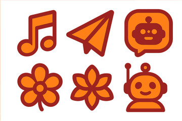 Poster - Colorful icons depicting music, flight, conversation, flowers, and a robot in a playful design suitable for digital applications