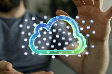 Poster - Secure cloud storage, data sharing, and network connectivity.  Modern technology for business.