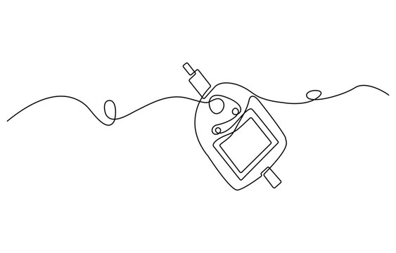 Continuous one line drawing of diabetes equipment's. Medical health care concept, One continuous line drawing of Blood glucose meter test illustration. glucometer pharmacy equipment outline.