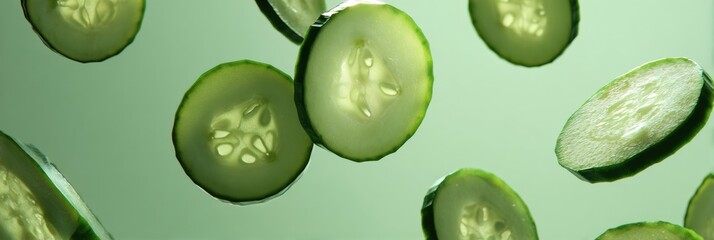 Poster - Floating Cucumber Slices Create a Refreshingly Minimal Composition With Gentle Shadows Against a Soft Green Background