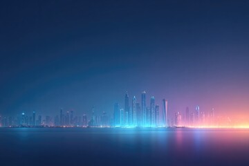 Poster - vibrant skyline of dubai illuminated by neon colors against night with ample copy space