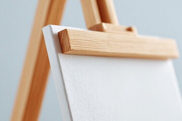 Poster - close-up of poster mounted on wooden easel against solid pastel background