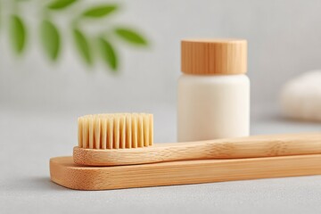 Poster - close-up of bamboo toothbrush and natural toothpaste on bedside tray
