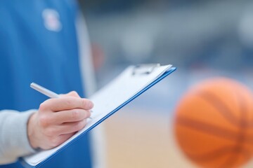 Poster - close-up of coach hand giving tactical instructions on clipboard beside ball court surface lightly blurred