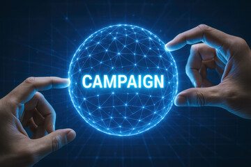 Poster - Strategic interaction with a radiant digital sphere illustrates dynamic campaign management and innovative business networking