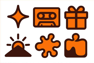 Poster - Colorful collection of abstract shapes featuring a star, cassette, gift, sun, splash, and cake, perfect for creative designs