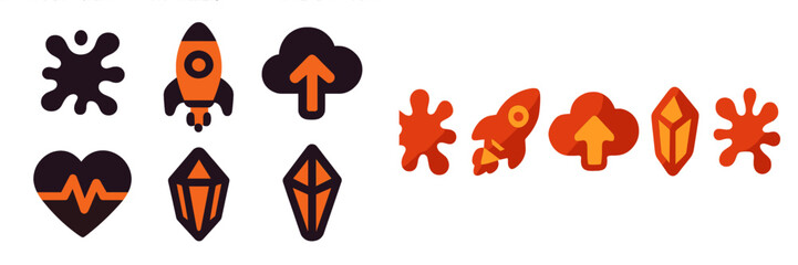 Aufkleber - Colorful vector icons depicting various symbols in orange and black including space themes, nature elements, and abstract shapes