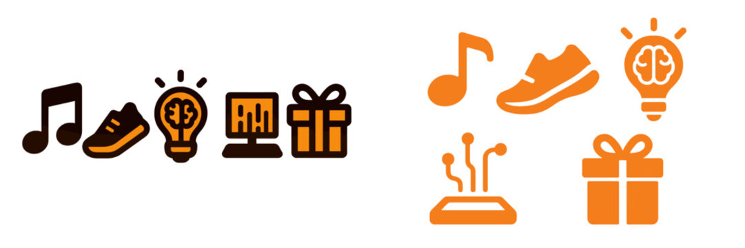 Creative icons depicting music, technology, and gifting concepts for modern digital design projects